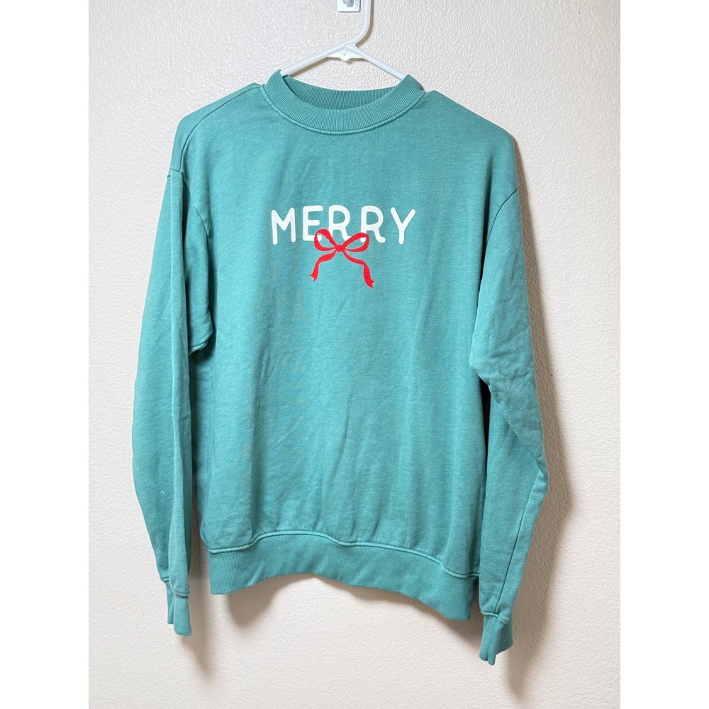 HRT & LUV Women Merry Christmas Bow Graphic Sweatshirt Teal Green Medium